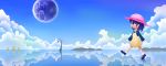  1girl andou_natsumi artist blue_hair clouds dress hat highres moomlin natsumi_step! planet reflection ripples sky smile solo sun_hat water 
