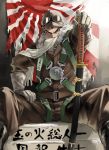  1boy black_hair bomber_jacket brown_eyes drifters eyebrows flag gloves goggles goggles_on_head harness helmet indesign kanno_naoshi katana military pilot rising_sun scarf sheath sheathed sitting sword translation_request weapon white_gloves 