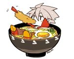  1boy blazblue eating food kuro_yuzu ragna_the_bloodedge silver_hair tempura udon 