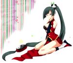  1girl absurdres bare_shoulders black_hair blazblue breasts china_dress chinese_clothes cleavage cleavage_cutout glasses hair_ornament highres lao_jiu large_breasts litchi_faye_ling long_hair panda ponytail red_eyes sitting solo very_long_hair wariza 