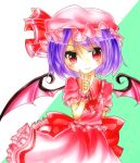  1girl arm_behind_back ascot bat_wings bow brooch hat hat_ribbon index_finger_raised jewelry lavender_hair looking_at_viewer mob_cap red_eyes remilia_scarlet ribbon shairoze_teitoku short_hair simple_background skirt skirt_set smile solo touhou two-tone_background wings wrist_cuffs 