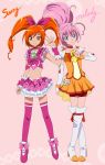  2girls alternate_costume cosplay costume_switch cure_melody cure_melody_(cosplay) cure_sunny cure_sunny_(cosplay) female highres hino_akane houjou_hibiki magical_girl midriff multiple_girls orange_hair pink_hair precure smile_precure! suite_precure tatsuwo_(tty0607) thighhighs 