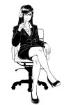  1girl beats_by_dr._dre black_hair brand_name_imitation chair cigarette crossed_legs formal glasses headphones high_heels highres monochrome office_chair office_lady original sitting skirt skirt_suit smile suit 