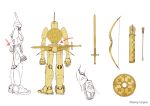  arrow bow_(weapon) character_sheet clenched_hand directional_arrow english from_behind monaka_(siromona) no_humans robot rocket_boots rocket_shoes shield simple_background solo sword tagme the_girl_and_the_robot the_robot_(gnr) weapon white_background 