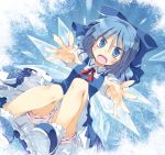  1girl bloomers blue_dress blue_eyes blue_hair bow cirno dress hair_bow ice ice_background ice_wings looking_at_viewer open_mouth satou_kibi shoes short_hair solo touhou underwear wings 