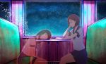  2girls aya_(star) black_hair brown_eyes brown_hair crying feathers multiple_girls night night_sky original sad school_uniform serafuku short_hair sitting sky star_(sky) starry_sky table tears transparent window 