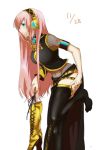  1girl armband black_legwear blue_eyes boots dated headset hisa_wan long_hair megurine_luka midriff pink_hair shoes_removed solo thighhighs vocaloid 