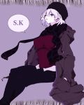  1girl blue_eyes blush_stickers casual coat fur_hat hands_in_pockets hat kosegawa_shiromi open_clothes open_coat pants ribbed_sweater saki short_hair silver_hair solo sweater ushanka winter_clothes yaku_yojino 