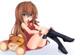  1girl ass blue_eyes brown_hair dress misery_(victor) mouth_hold original sitting solo stuffed_animal stuffed_toy teddy_bear thighhighs thighhighs_pull victor_(tama_e_akira) wristband 