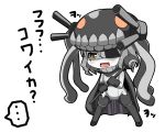 ... 1girl amatukiamaru bodysuit cape chibi crazy_eyes eyepatch fang gloves highres kantai_collection monster open_mouth pale_skin personification shinkaisei-kan silver_hair solo staff turret wo-class_aircraft_carrier yellow_eyes 