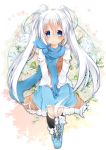  1girl blue_eyes blush flower kazeshiro_kazeto long_hair looking_at_viewer original smile solo twintails v_arms very_long_hair white_hair 