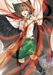  1girl bird_wings black_hair bow cape cibo_(killy) hair_bow long_hair looking_at_viewer open_mouth red_eyes reiuji_utsuho solo thighhighs third_eye touhou wings 