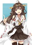  1girl ahoge bare_shoulders black_legwear blue_eyes blush brown_hair detached_sleeves double_bun hair_ornament hairband headgear highres japanese_clothes kantai_collection kongou_(kantai_collection) long_hair nontraditional_miko open_mouth personification richard skirt smile solo thighhighs 