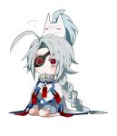  1boy 1girl ahoge blazblue bodysuit cape chibi eyepatch hair_weapon hakumen nu-13 red_eyes silver_hair 