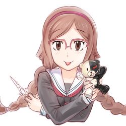  1girl :p beargguy_iii blush braid brown_hair dangan_ronpa glasses gundam gundam_build_fighters gunpla hairband kousaka_china long_hair monokuma over-rim_glasses red-framed_glasses school_uniform scissors semi-rimless_glasses solo tongue twin_braids ueyama_michirou 