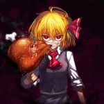  1girl ahoge ascot biting blonde_hair bobomaster bone boned_meat eating fangs food food_in_mouth grin hair_ribbon looking_at_viewer meat open_collar red_eyes ribbon rumia short_hair skirt slit_pupils smile solo touhou vest 