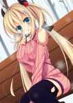  1girl bench black_legwear blonde_hair blue_eyes blush breast_suppress breasts dutch_angle fang hair_ornament hair_ribbon hairclip highres kinoko5123 long_hair looking_at_viewer open_mouth original ribbed_sweater ribbon sitting solo sweater thighhighs tree twintails 