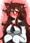  1girl animal_ears blush breasts brooch brown_hair bust fang flying_sweatdrops imaizumi_kagerou jewelry large_breasts long_hair long_sleeves looking_at_viewer oversized_clothes red_eyes rindou_(p41neko) shirt skirt solo tail touhou very_long_hair wide_sleeves wolf_ears wolf_tail 