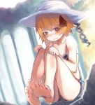  1girl bare_legs bare_shoulders barefoot bespectacled bikini bikini_skirt blonde_hair glasses hair_ribbon hat koufukurou open_mouth red_eyes ribbon rumia short_hair sitting solo swimsuit touhou wavy_mouth 