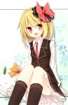  1girl bag black_dress blonde_hair bow dress hair_bow looking_at_viewer necktie open_mouth pink_eyes ribbon rumia shirt sitting smile solo touhou yuuhagi_(amaretto-no-natsu) 