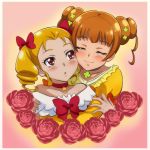  2girls blonde_hair blush brown_hair closed_eyes dokidoki!_precure double_bun drill_hair itsutsuboshi_reina multiple_girls precure red_eyes ribbon smile tears twin_drills yotsuba_alice yuri 