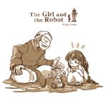  /\/\/\ 1boy 1girl age_difference beard child closed_eyes copyright_name english facial_hair hand_on_knee logo long_hair looking_at_another monaka_(siromona) monochrome mustache old_man open_mouth robot sitting squatting the_artisan_(gnr) the_girl_(gnr) the_girl_and_the_robot 