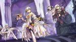  3girls armor black_eyes bodysuit dress elsword eve_(elsword) grey_hair legs multiple_girls multiple_persona tagme thigh-highs vilor yellow_eyes 