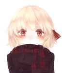  1girl alternate_costume blonde_hair blush bust coat hair_ribbon lispict looking_at_viewer red_eyes ribbon rumia scarf short_hair simple_background solo touhou white_background 
