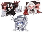  3girls :&lt; :3 airfield_hime battleship-symbiotic_hime black_hair blue_eyes bodysuit cape chibi fang gloves horns kantai_collection long_hair looking_at_viewer machinery monster multiple_girls open_mouth pale_skin personification red_eyes shinkaisei-kan silver_hair smile staff tantan021 turret v white_hair wo-class_aircraft_carrier 