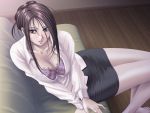 1girl ayuse_masahiko_(artist) blush bra breasts brown_eyes brown_hair cleavage couch dress_shirt jewelry large_breasts lingerie long_hair looking_at_viewer miniskirt necklace open_mouth original ring see-through shirt skirt underwear wedding_ring 