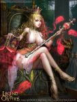  1girl blonde_hair book braid breasts cleavage crossed_legs crown green_eyes high_heels jewelry legend_of_the_cryptids lips magic necklace official_art scepter shadowgrave sitting skull solo throne 