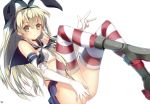  1girl ass bare_shoulders black_panties blonde_hair blush elbow_gloves gloves hair_ribbon kantai_collection knees_on_chest long_hair looking_at_viewer niwashi_(yuyu) panties personification ribbon sailor_collar shimakaze_(kantai_collection) skirt solo striped striped_legwear thighhighs underwear v white_gloves yellow_eyes 