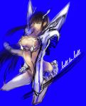  1girl black_hair blue_background blue_eyes breasts cleavage cleavage_cutout copyright_name cropped_legs hair_ornament hairclip junketsu kiryuuin_satsuki long_hair revealing_clothes rough solo sword thighhighs weapon 