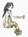  1girl copyright_name dress english jewelry logo long_hair monaka_(siromona) monochrome necklace sitting smile solo the_girl_(gnr) the_girl_and_the_robot 
