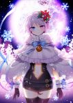  1girl bat_print belt belt_buckle blue_eyes blush capelet flower fur_trim gloves hair_ornament heterochromia iri_flina myoya navel ornament red_eyes ribbon short_hair silver_hair skirt snowflakes solo sword_girls tattoo thighhighs 