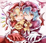  2girls alternate_costume bat_wings blonde_hair blue_hair blush fang flandre_scarlet gloves hat highres looking_at_viewer merry_christmas multiple_girls nobu_baka open_mouth outstretched_hand red_eyes red_gloves remilia_scarlet short_hair siblings sisters smile star star-shaped_pupils symbol-shaped_pupils touhou white_gloves wings 