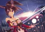  animal_ears bare_shoulders breasts brown_hair choker cleavage clouds dutch_angle elbow_gloves foreshortening gloves long_hair magic original ponytail red_eyes sky sword taletale weapon 