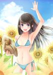  1girl bikini black_hair blue_eyes flower hat kouzuki_yui original sunflower swimsuit waving 