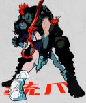  1boy 1girl kill_la_kill kinagase_tsumugu kogashirou matoi_ryuuko middle_finger midriff mohawk muscle navel scissor_blade sewing_machine sharp_teeth shoes skirt sneakers sword weapon 