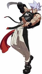  1boy arm_blade belt chipp_zanuff earrings fighting_stance guilty_gear guilty_gear_xrd highres jewelry muscle ninja official_art shuriken silver_hair sleeveless solo spiky_hair weapon 