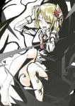  1girl barefoot blonde_hair blush cibo_(killy) hair_ribbon hands_on_own_head open_mouth red_eyes ribbon rumia short_hair solo tears touhou wince 