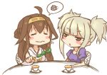  ahoge aoki_hagane_no_arpeggio bare_shoulders bell_pepper blonde_hair blush brown_hair chibi crossover cup double_bun dress hair_ornament hairband kantai_collection kongou_(aoki_hagane_no_arpeggio) kongou_(kantai_collection) lipstick long_hair makeup multiple_girls nontraditional_miko open_mouth pepper personification sitting tea teacup violet_eyes 