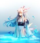  aka_tonbo_(lovetow) antlers blue_eyes heterochromia long_hair obi original partially_submerged red_eyes robe see-through water wet wet_clothes white_hair 