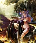  1girl aka_tonbo_(lovetow) armor bikini_armor blue_eyes breasts circlet cleavage fantasy gauntlets highres horns long_hair original pointy_ears purple_hair solo 