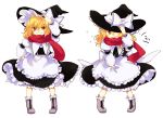  1girl adapted_costume apron black_dress blonde_hair bow dress hat hat_bow hat_tug highres juliet_sleeves kirisame_marisa long_sleeves looking_at_viewer open_mouth poprication puffy_sleeves scarf simple_background smile solo touhou waist_apron white_background witch_hat yellow_eyes 