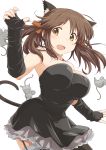  1girl absurdres animal_ears bare_shoulders black_dress black_gloves black_legwear blush breasts brown_eyes brown_hair cat_ears cat_tail dress elbow_gloves fingerless_gloves garter_straps gloves hair_ribbon highres idolmaster idolmaster_cinderella_girls jewelry large_breasts mouse necklace open_mouth pu-chin ribbon short_dress short_hair simple_background solo tail thigh-highs totoki_airi twintails white_background 
