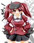  1girl alternate_breast_size breasts hands_on_hips hat kantai_collection large_breasts looking_at_viewer machinery open_mouth personification red_eyes redhead ribbon ryuujou_(kantai_collection) seisei solo turret twintails 