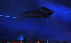  aircraft blue_background blue_theme commentary english_commentary eve_online fictional_aircraft flying georg_hilmarsson glowing hangar scenery science_fiction signature 