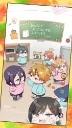  3girls 4boys aged_down androgynous angel_devil_(chainsaw_man) angel_wings aqua_shirt beam_(chainsaw_man) black_hair black_shorts black_socks blonde_hair bookshelf brown_eyes chainsaw_man chair chalkboard chibi chibi_only child chiy_(mochi_punin) classroom collared_shirt commentary_request cross-shaped_pupils crying demon_girl demon_horns denji_(chainsaw_man) double_v furrowed_brow green_eyes hair_between_eyes hair_bun hair_ornament hairclip halo hayakawa_aki higashiyama_kobeni highres horns hugging_own_legs indoors long_hair_between_eyes looking_at_another low_side_ponytail medium_hair mole mole_on_cheek mole_under_eye multiple_boys multiple_girls open_mouth parted_lips pennant pink_shirt pochita_(chainsaw_man) ponytail power_(chainsaw_man) purple_hair red_eyes red_horns reze_(chainsaw_man) ringed_eyes shark_boy sharp_teeth shirt short_hair short_ponytail shorts side_ponytail smile socks standing symbol-shaped_pupils tears teeth traditional_halo updo v white_socks wings 
