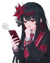  1girl absurdres armband black_capelet black_hair black_shirt capelet cellphone collared_shirt commentary_request crown flower hair_flower hair_ornament highres holding holding_phone long_hair long_sleeves mahou_shoujo_no_majo_saiban mini_crown necktie nikaido_hiro phone plaid_clothes plaid_necktie red_armband red_eyes red_flower red_necktie shirt side_capelet simple_background smartphone smile solo spoken_object upper_body white_background white_shirt yukibana_(user_fagy4542) 